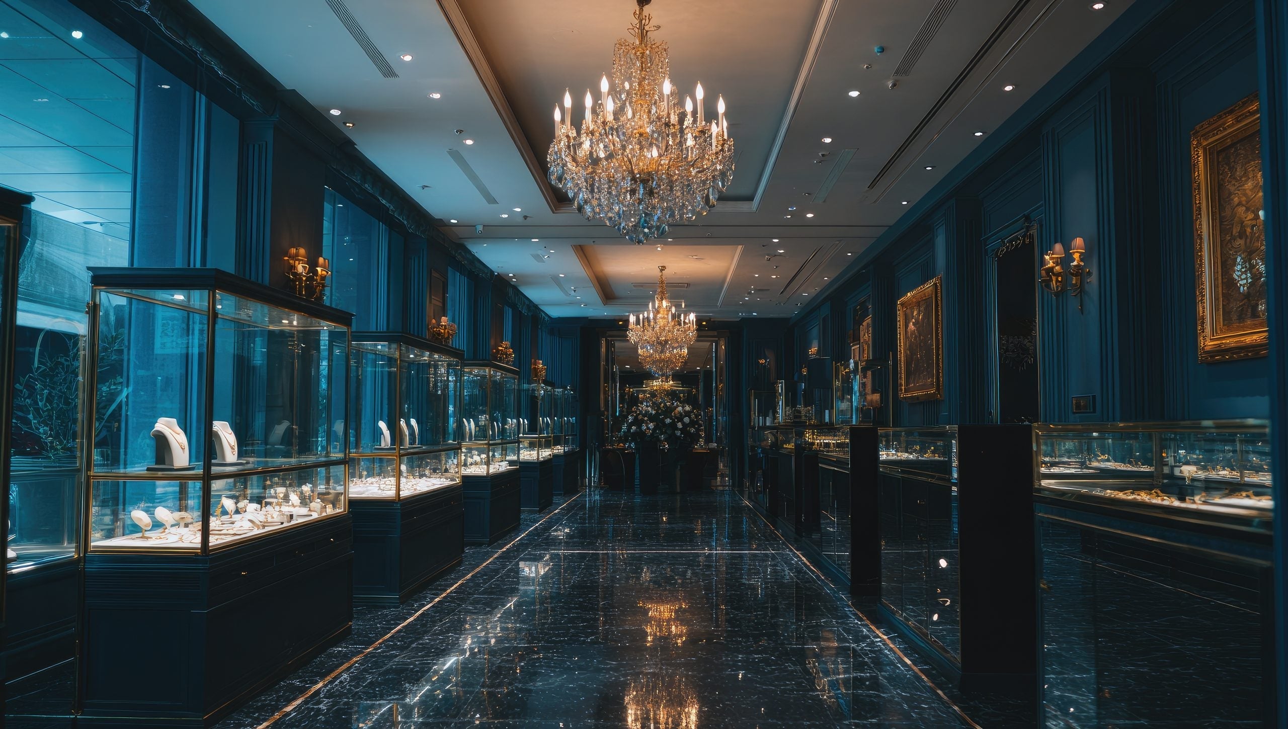Luxury fine jewelry showroom with chandeliers and lit display cases — jeweler SEO and fine jewelry marketing