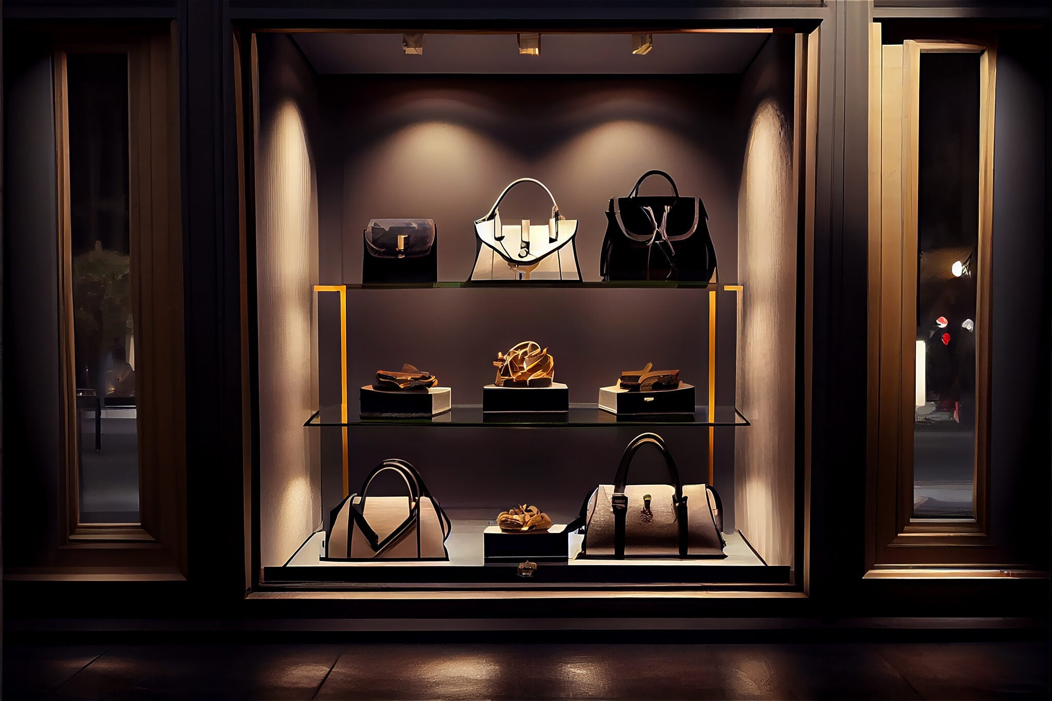 Designer handbags displayed in a softly lit luxury boutique window